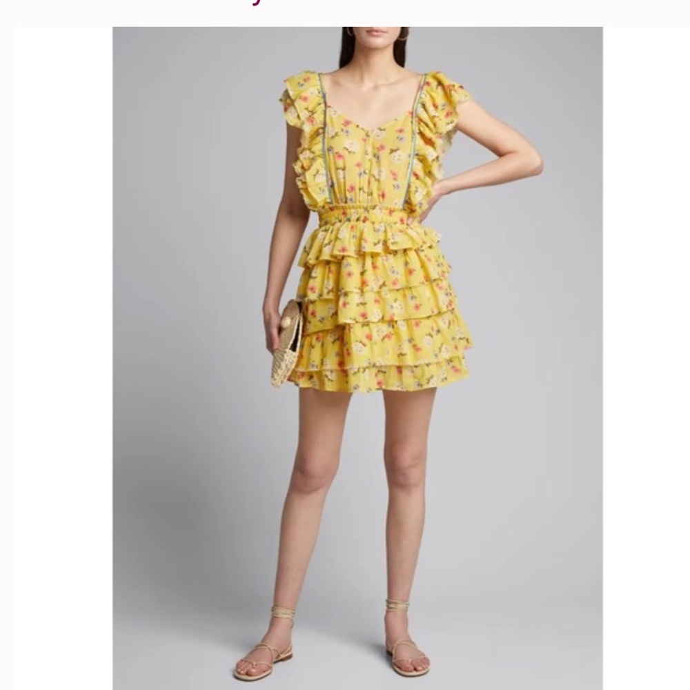 Love shack fancy yellow tiered ruffle floral mini dress